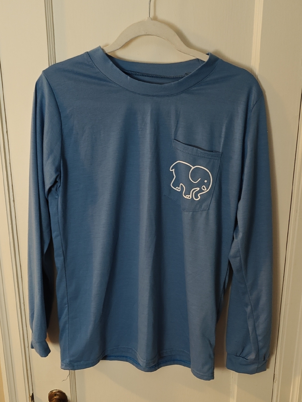 ivory ella Blue Long Sleeve Pocket Tee with White Elephant Logo